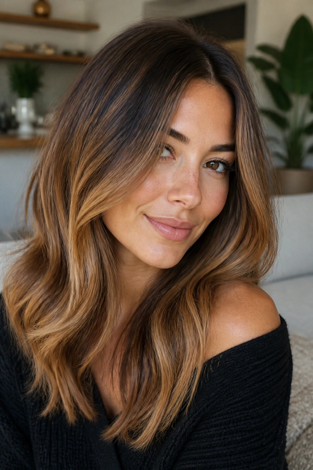 Close-up of a real woman with toffee bronde melt hair in a soft blowout