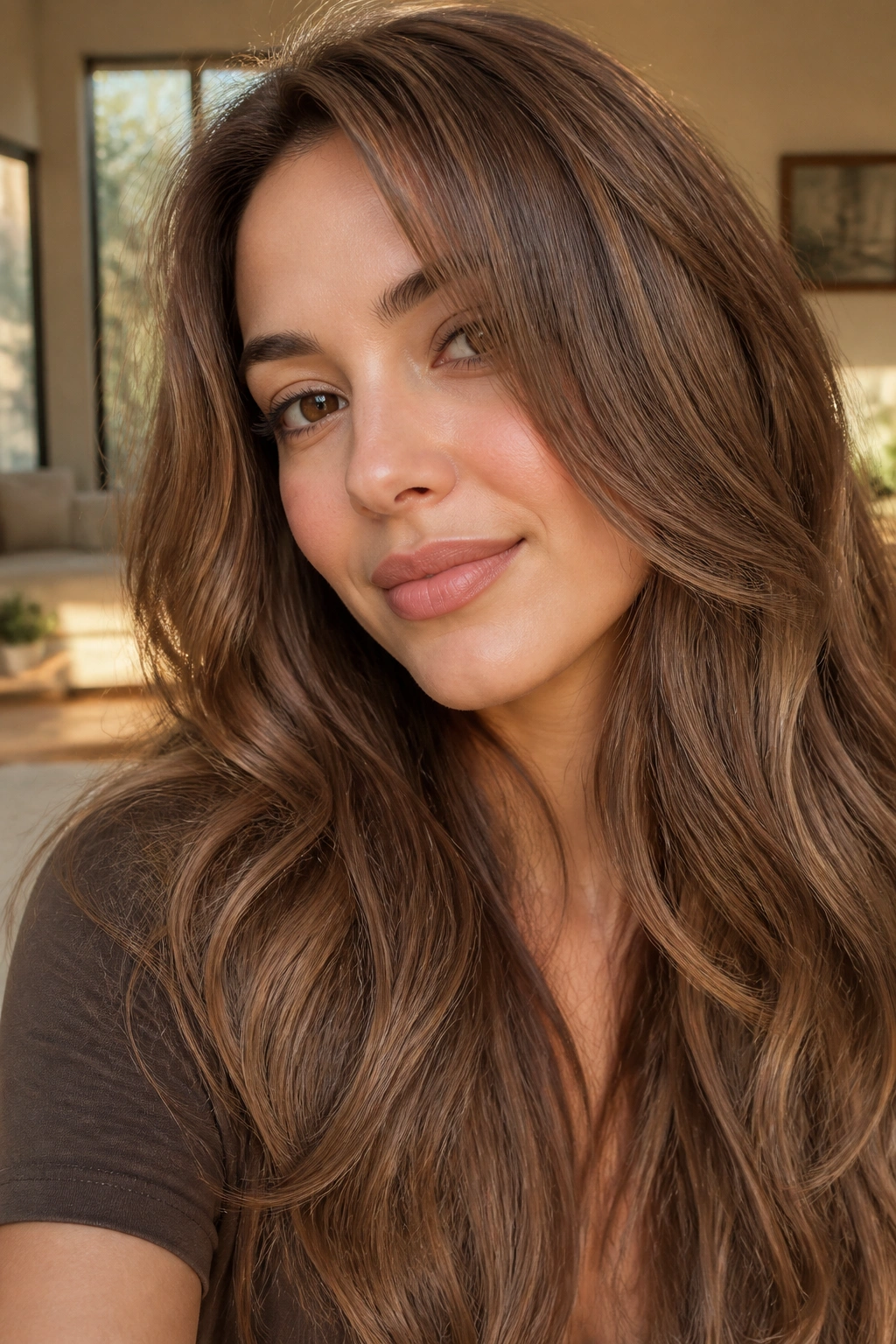 Close-up of a real woman with toffee brown hair in warm creamy tones