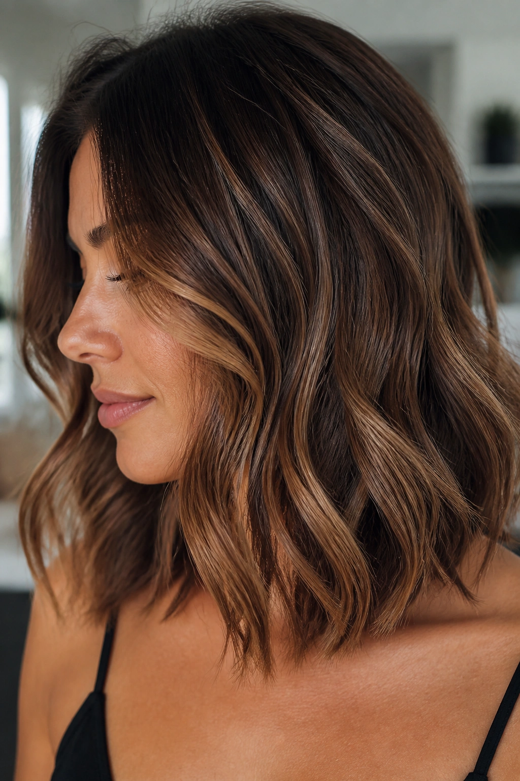 Close-up of a real woman with toffee brown ribbon highlights through medium brown hair