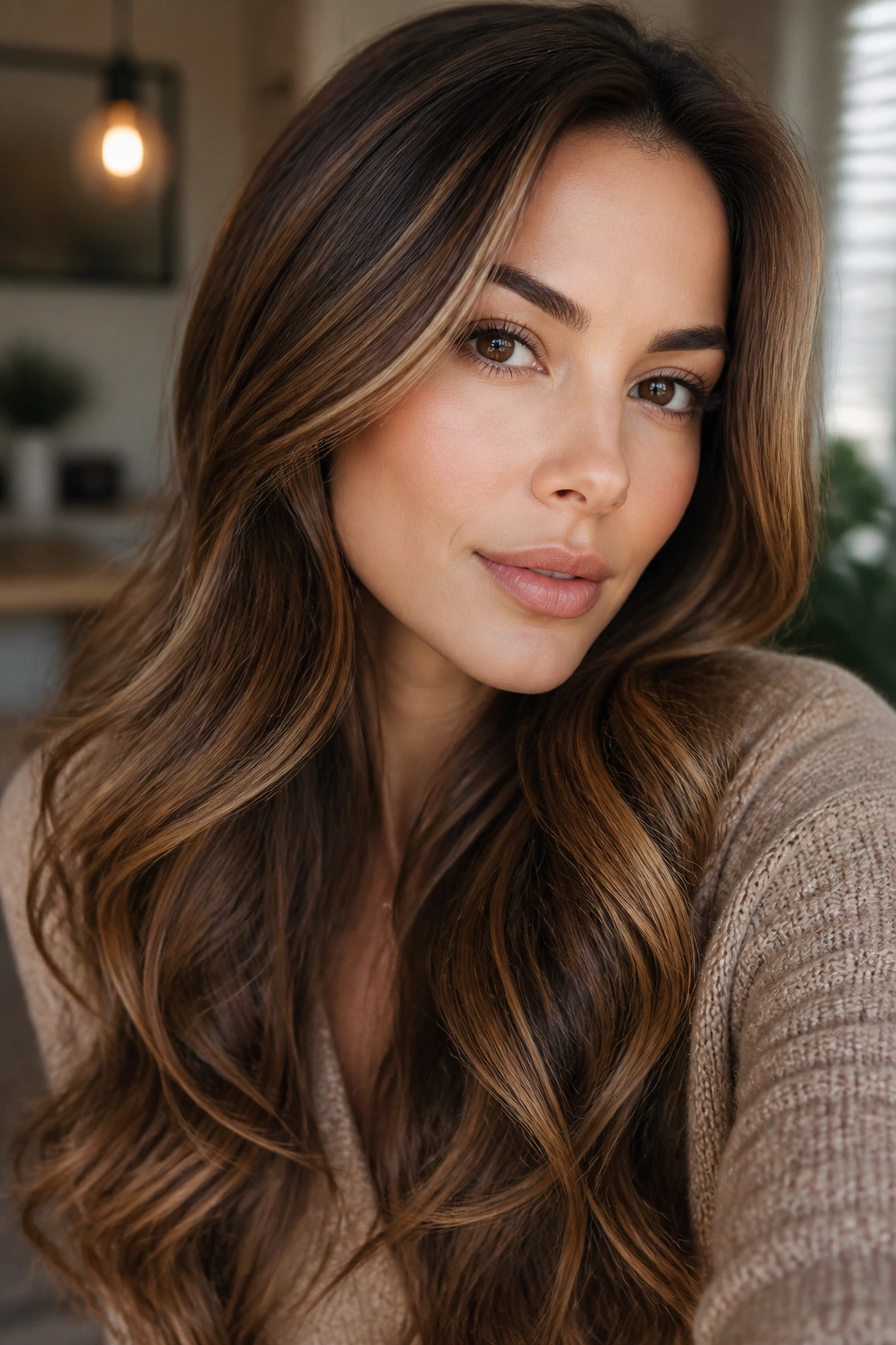 Brunette with toffee brown hair and amber glaze in warm light