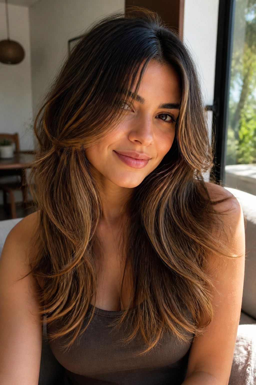 Toffee brunette with long-layer highlights framing the face in soft waves.