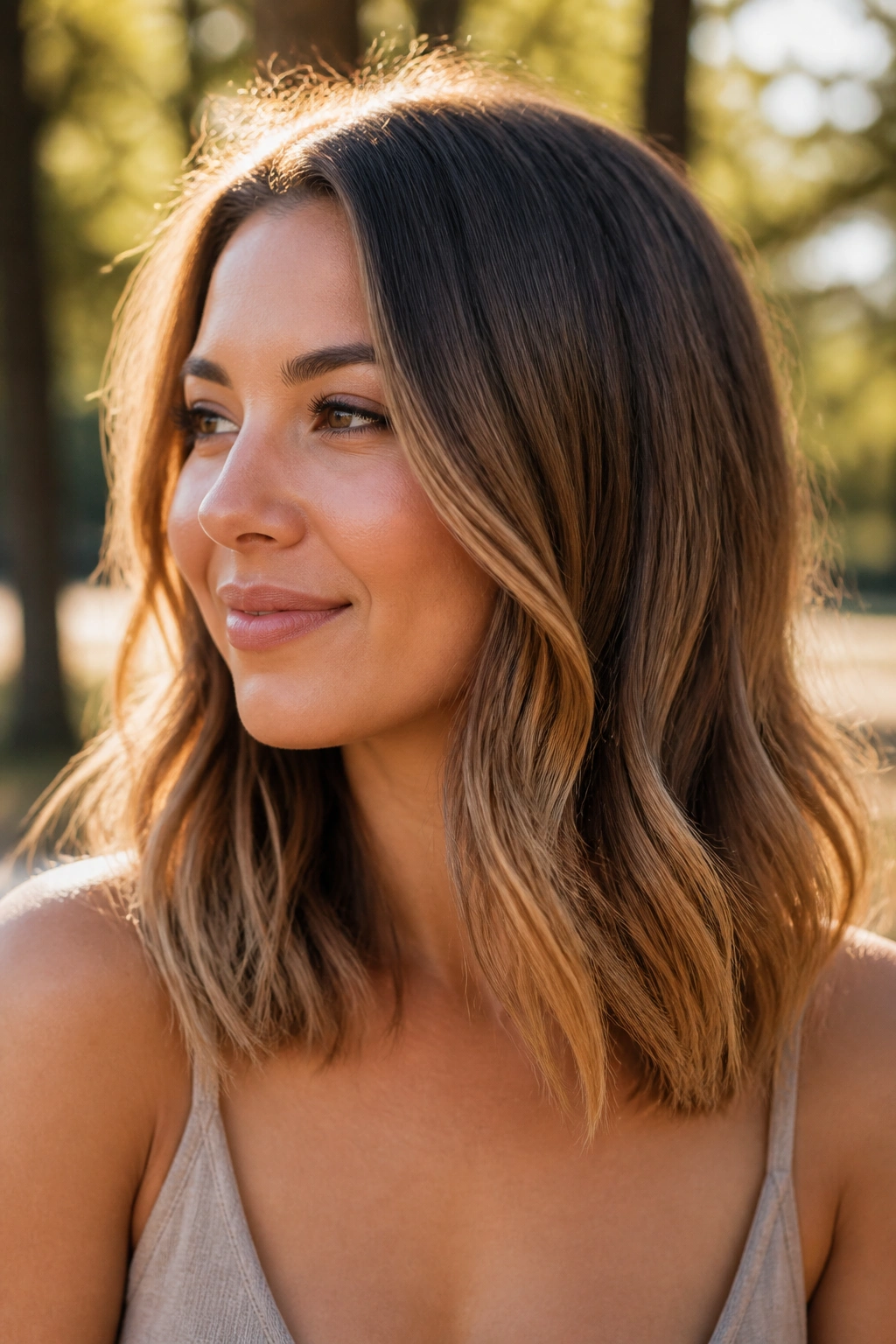 Close-up of toffee brunette with soft ombré on medium-length hair on a real person.