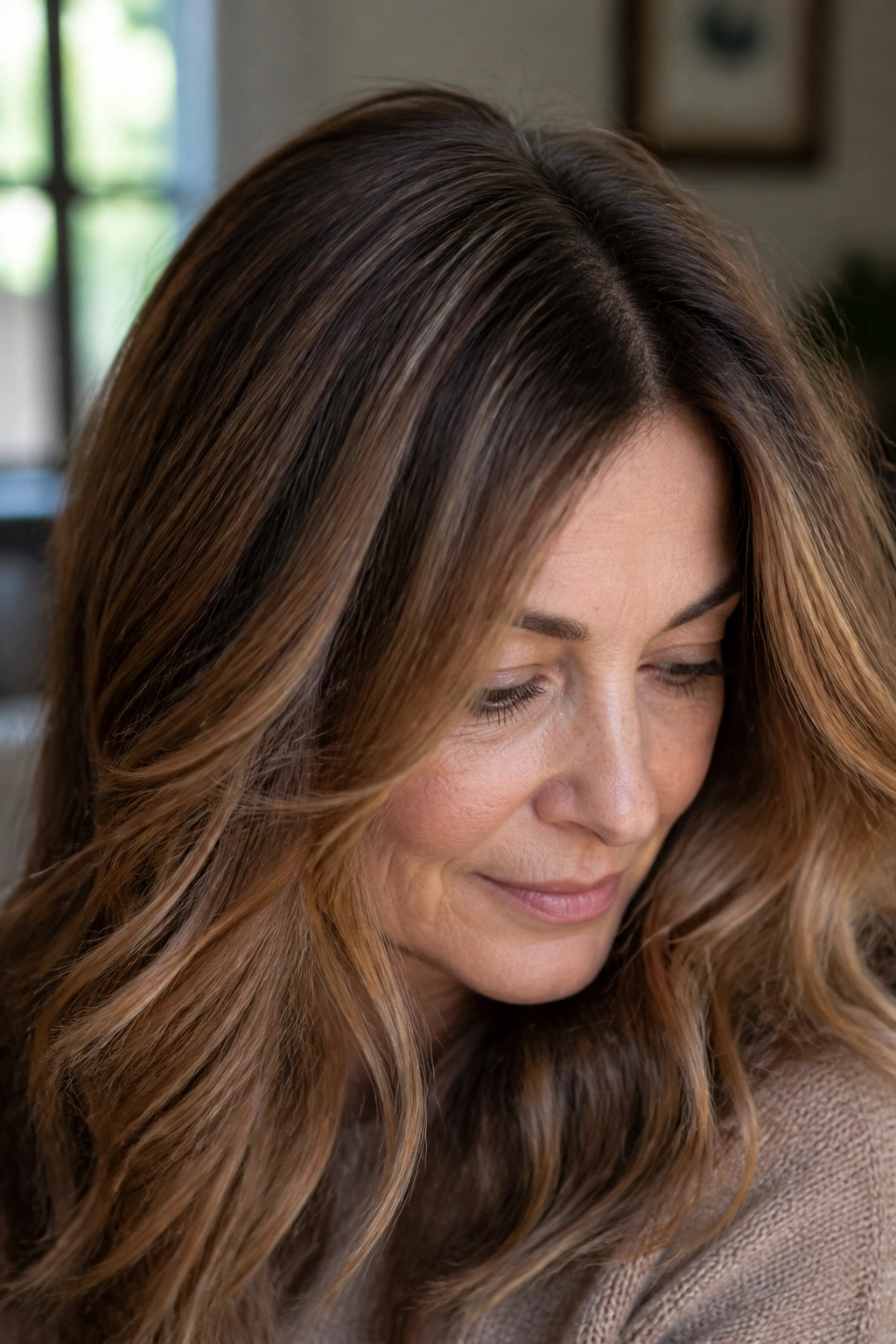 Close-up portrait of a woman with toffee brunette hair and rooted shadow