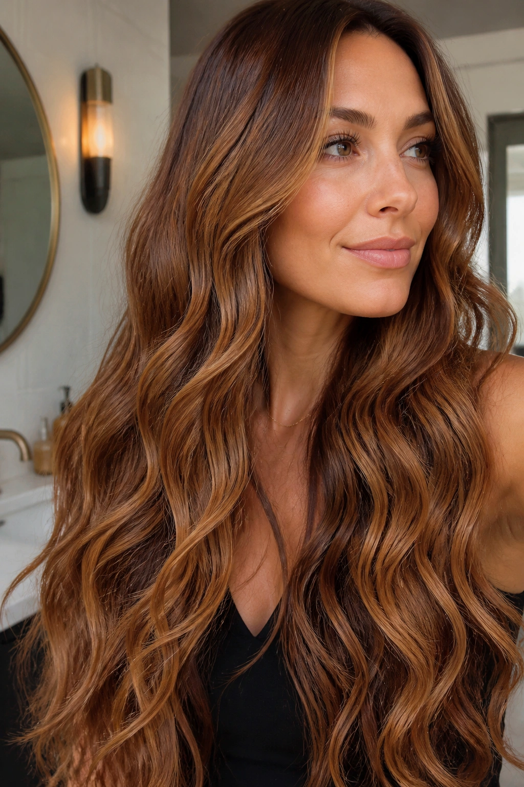 Close-up of a real woman with long wavy hair in toffee and cinnamon tones.