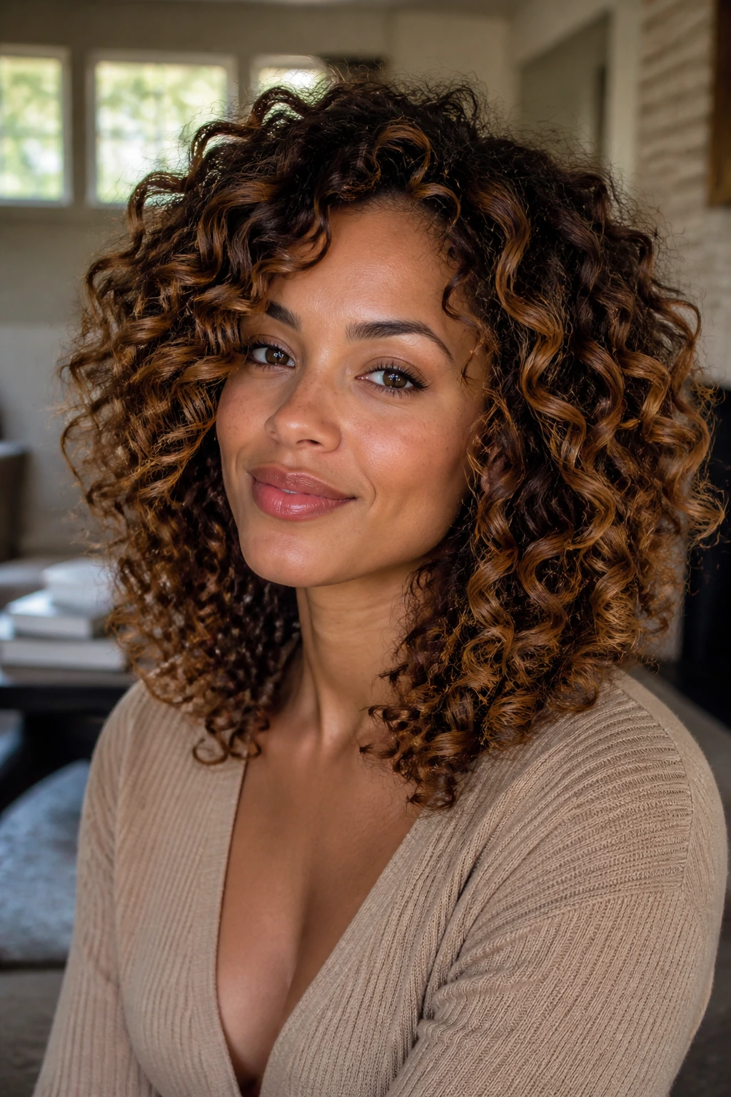 Curly hair with toffee ribbons and luminous dimension on a real person