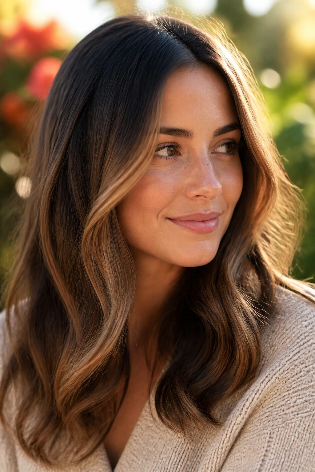 Close-up of real woman with toffee face-framing balayage in golden hour garden light