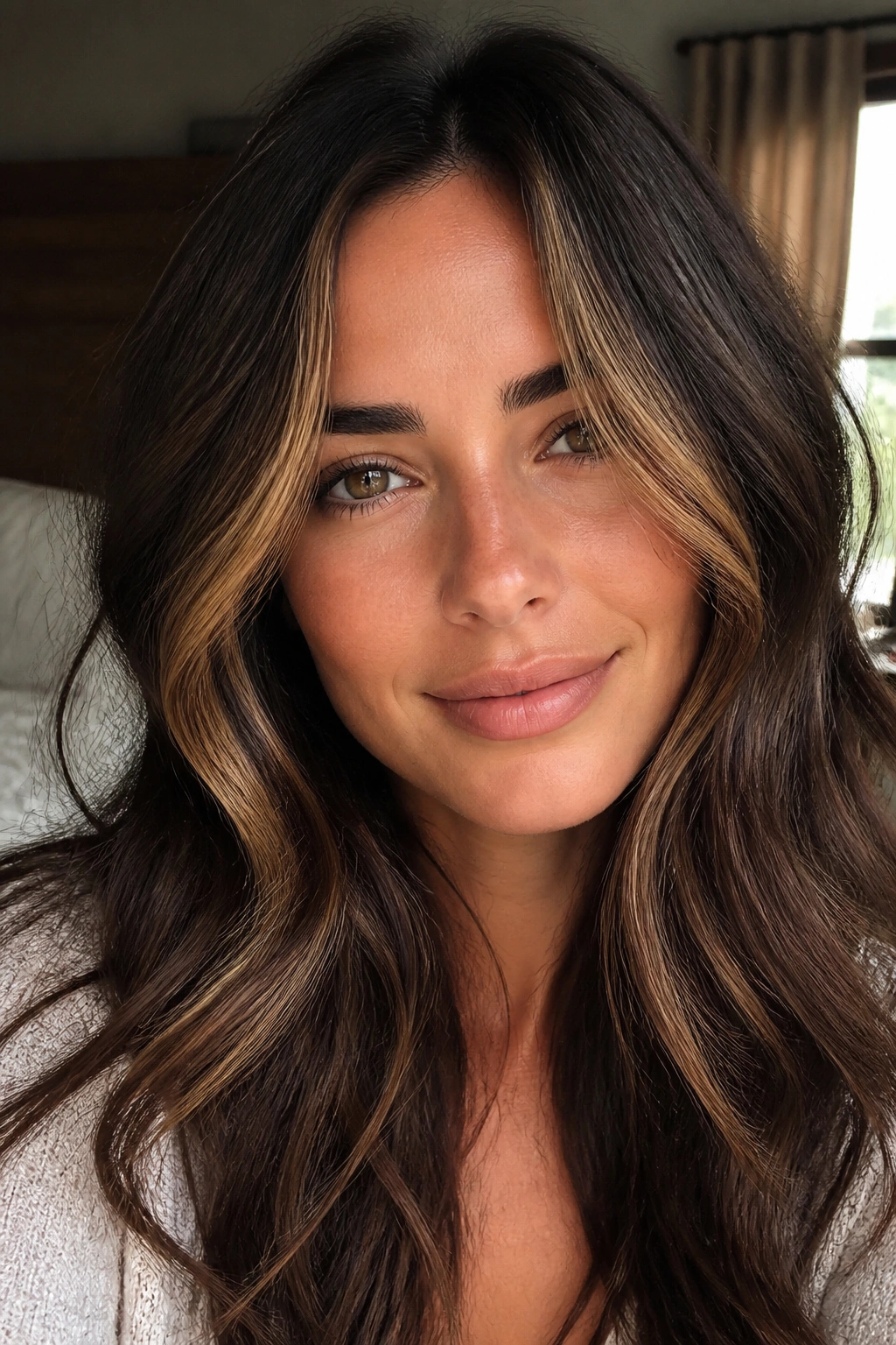 Close-up of brunette hair with toffee face-framing highlights