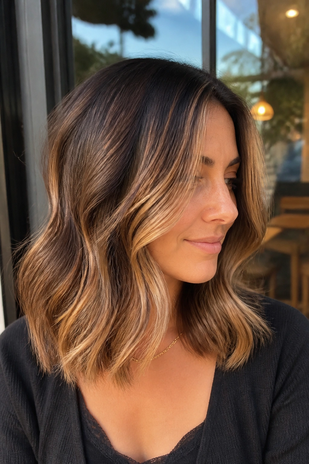 Close-up of a real woman with toffee foilayage highlighting mid-lengths and ends