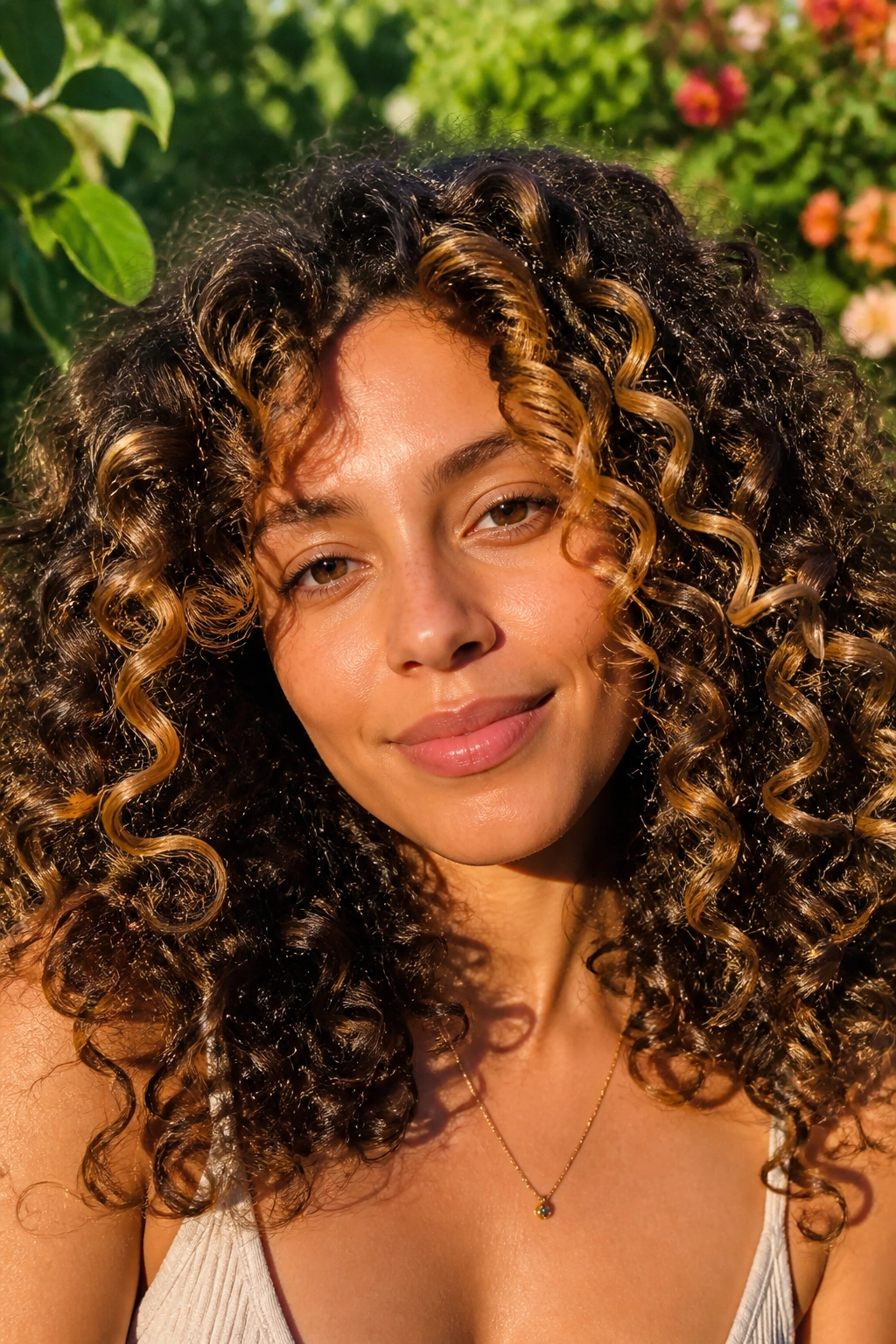Close-up of a curly-haired woman with toffee highlights following curl patterns