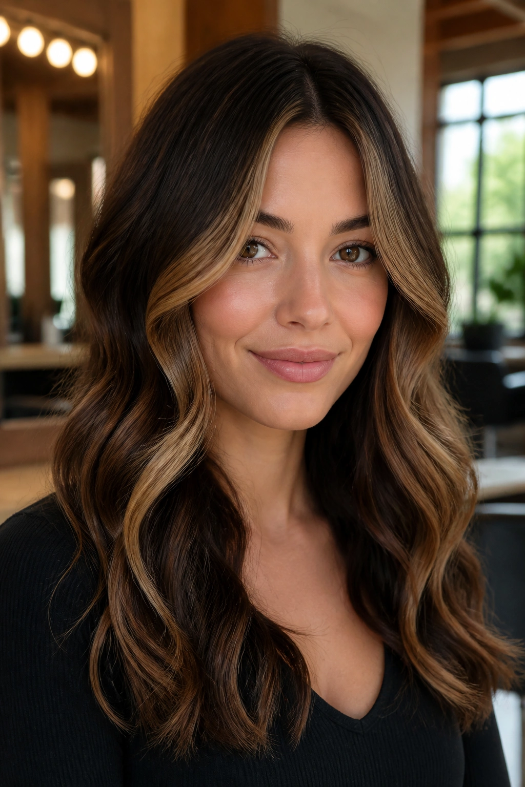 Close-up of brunette with face-framing toffee highlights around cheeks