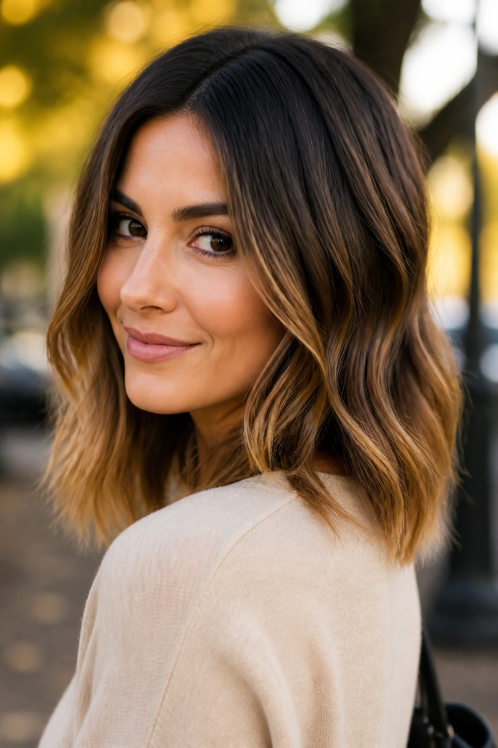 Close-up of a real woman with toffee ombré hair, dark roots fade to caramel ends