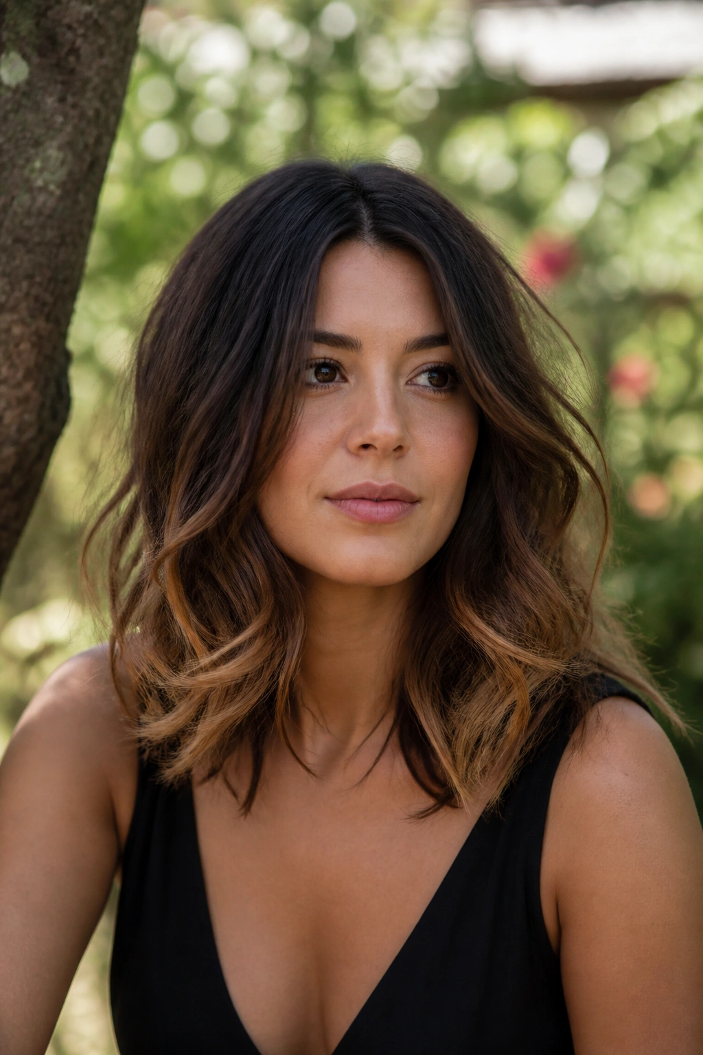 Brunette with toffee ombré and soft root stretch in natural sunlight