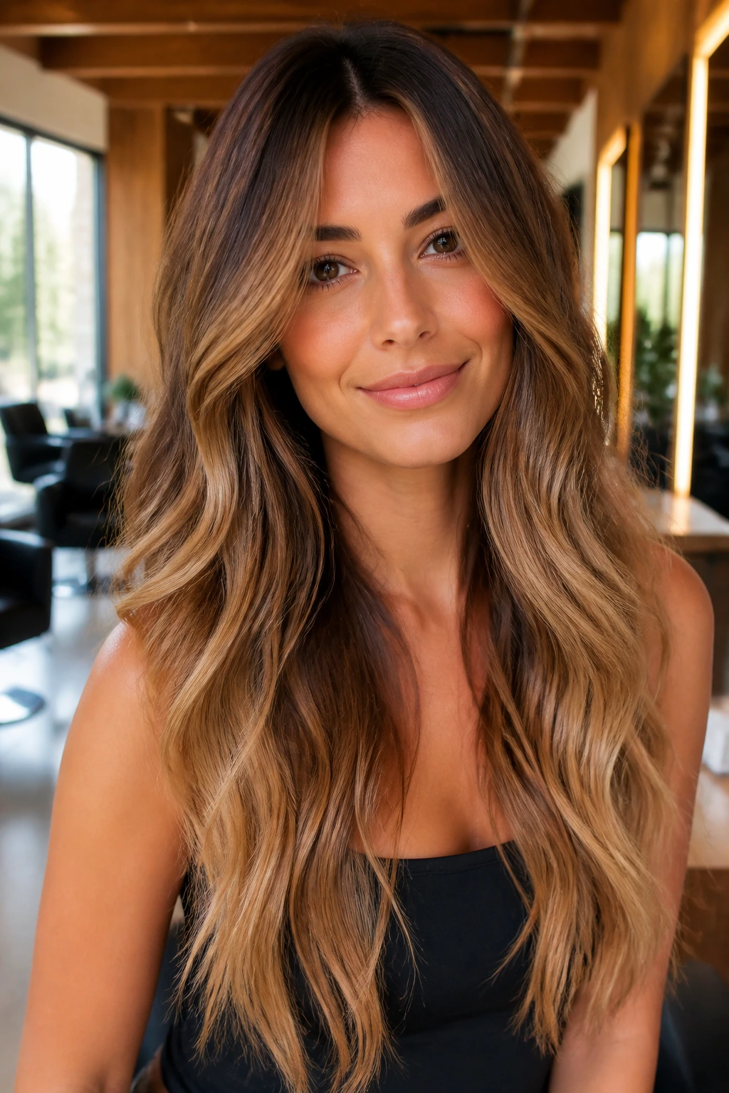 Close-up portrait of a real woman with toffee ombré on long hair