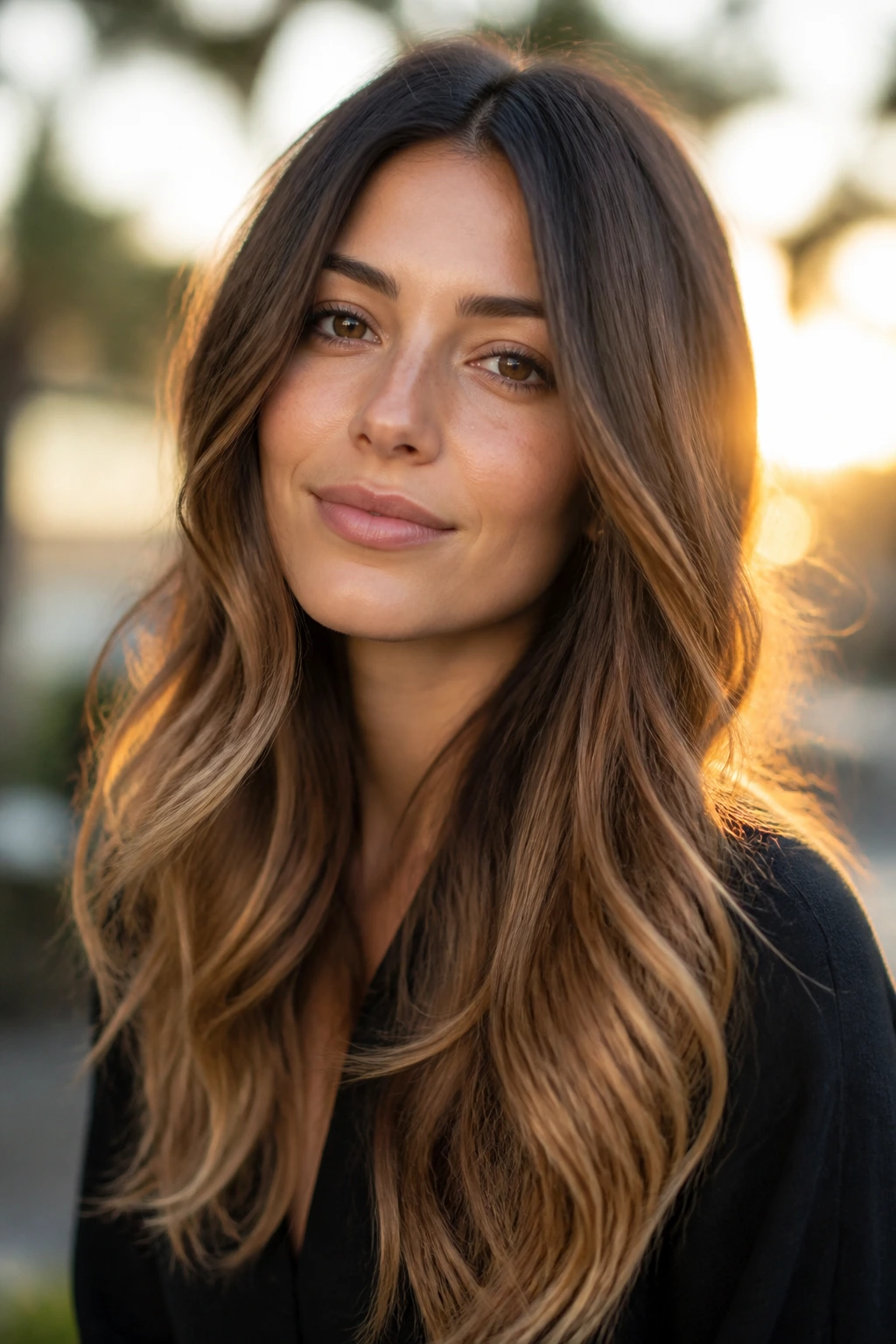 Shoulder-length portrait showing long layered hair with toffee ombré from roots to ends