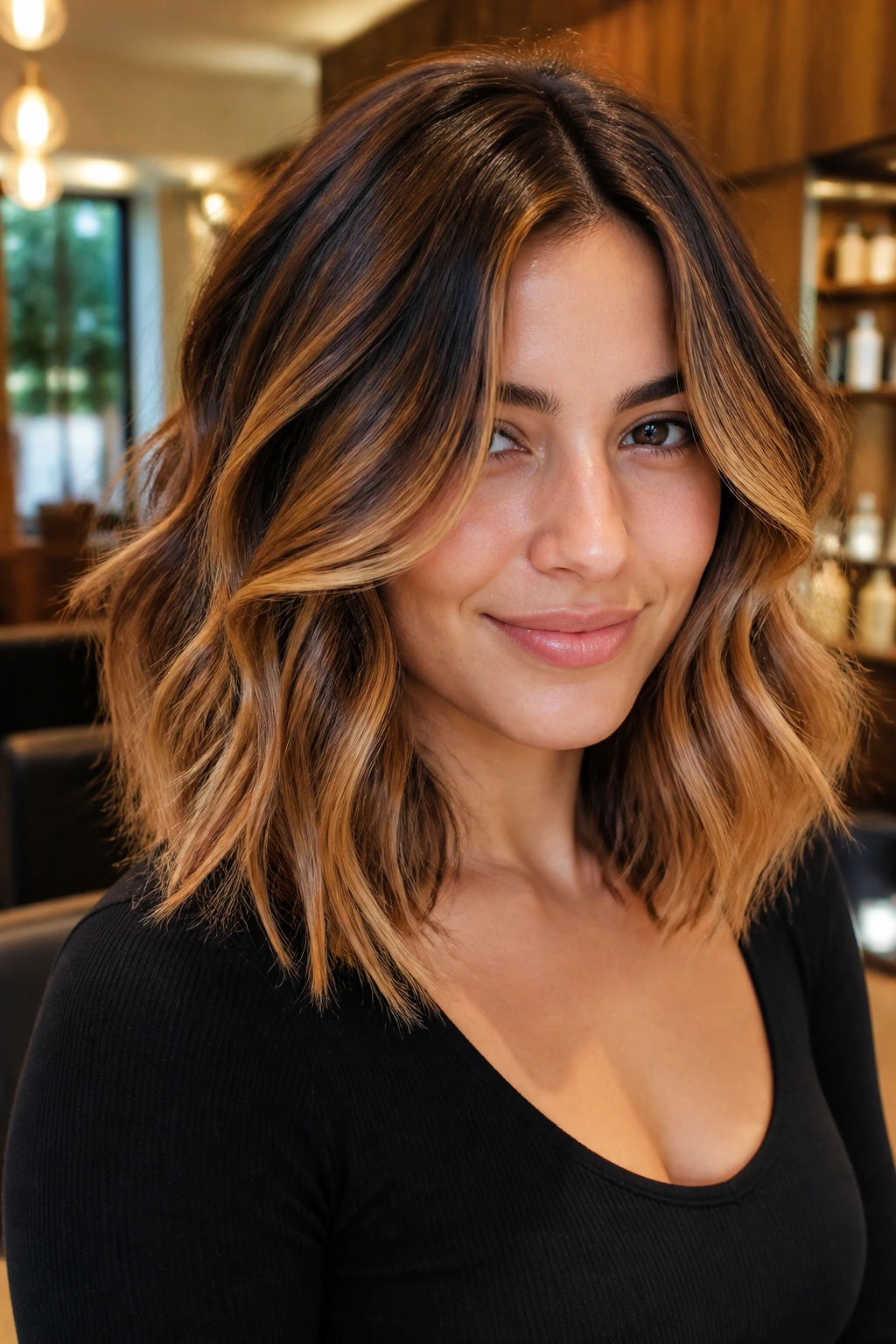 Close-up of a real woman with toffee ribbon ombre and soft waves