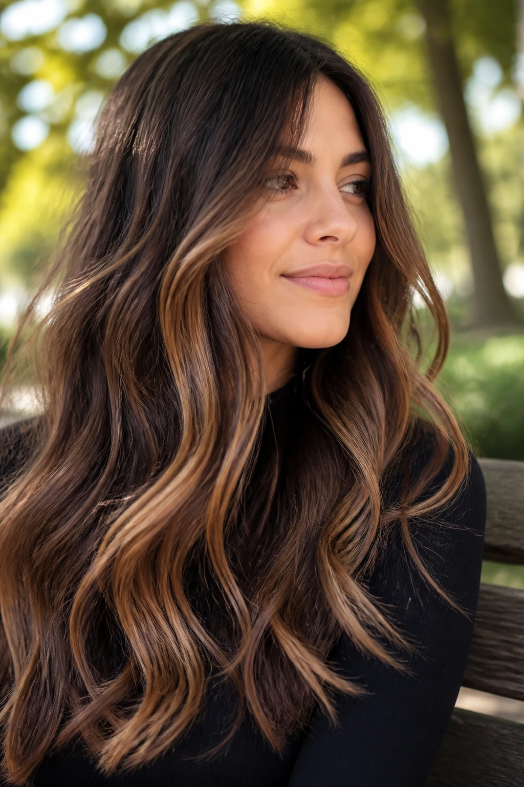 Brunette with toffee ribbon highlights creating movement