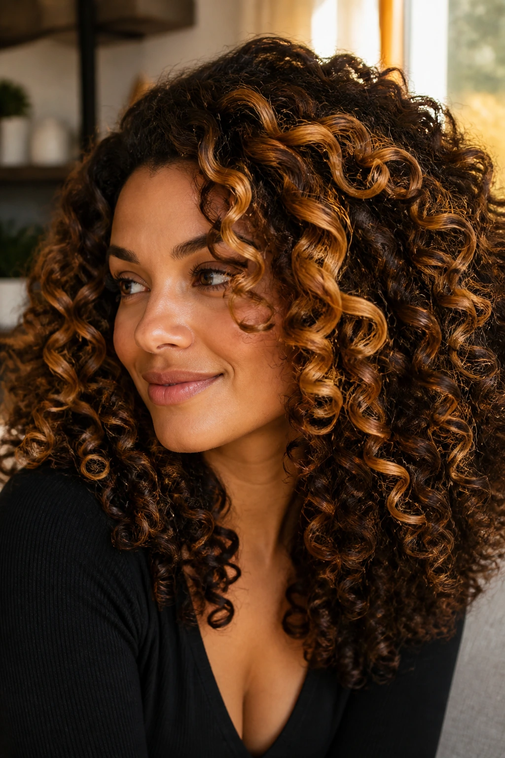 Close-up of thick curly hair with warm toffee ribbon highlights.
