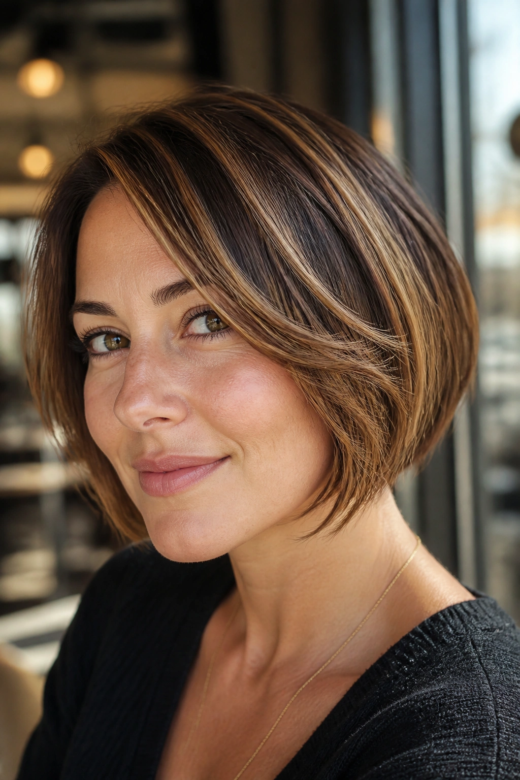 Close-up of a real woman with a short bob and toffee ribbon highlights in brunette hair