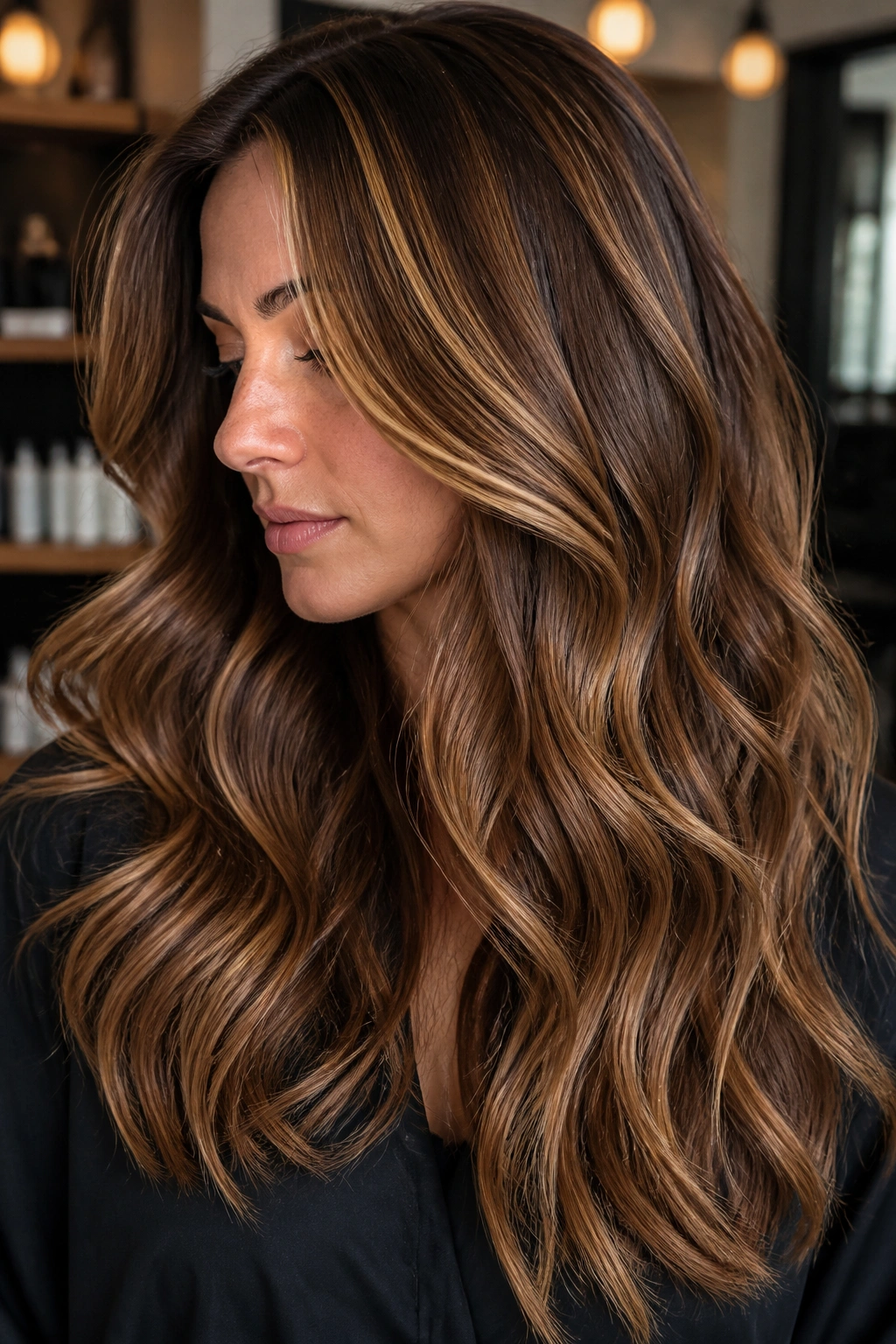 Close-up of a real woman's wavy hair with thick toffee-toned highlights on a medium brown base, illuminated by warm window light