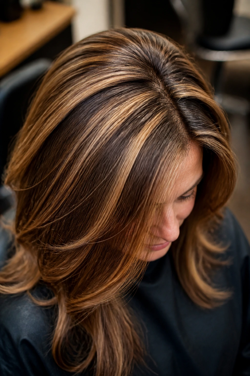 Close-up of crown-area toffee slices on brown hair on a real person.