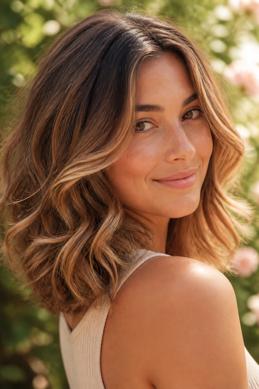 Close-up portrait of a real woman with brunette base and toffee blonde balayage