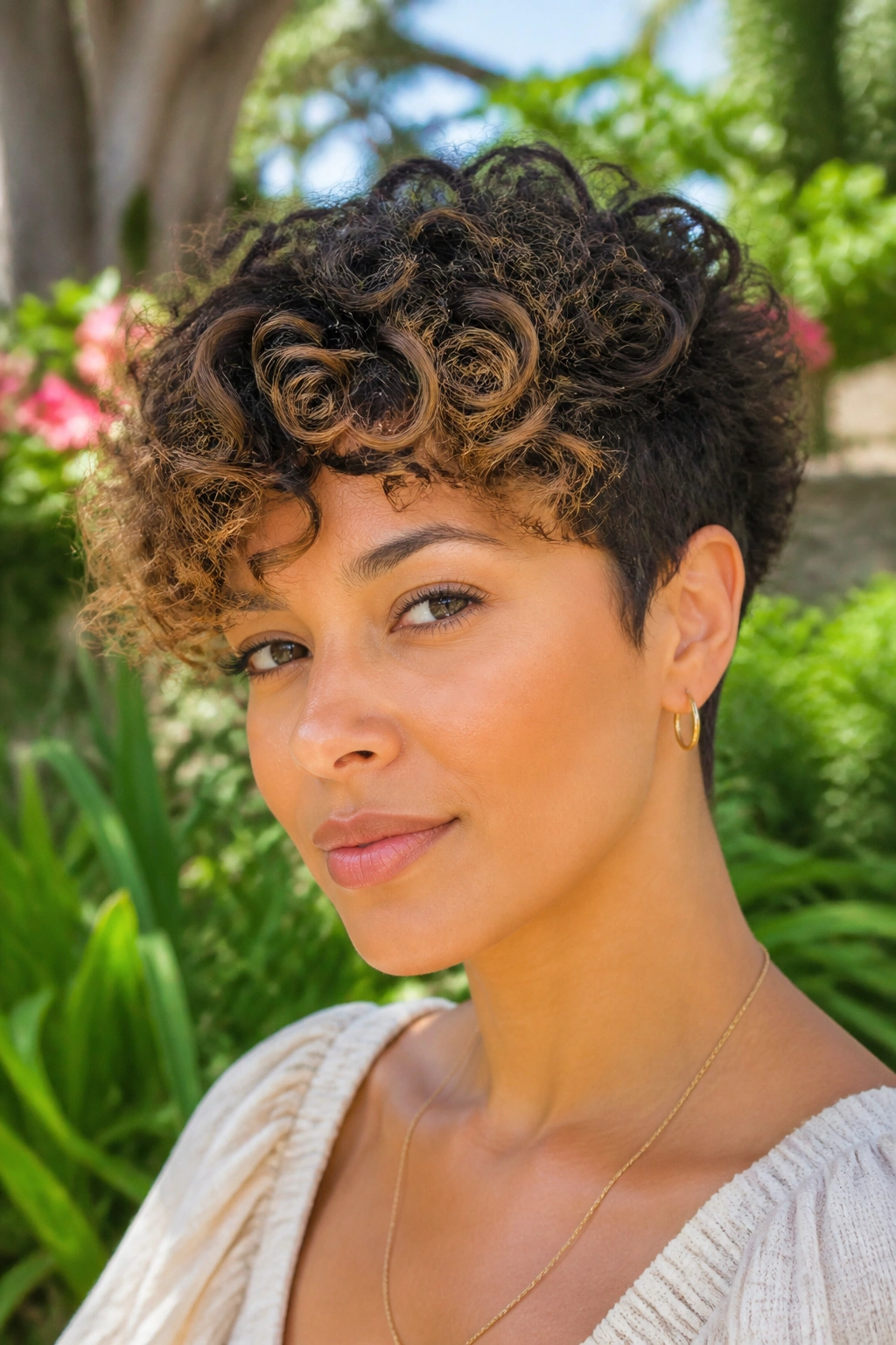 Close-up of a real woman with toffee-tipped curly crop in sunny garden