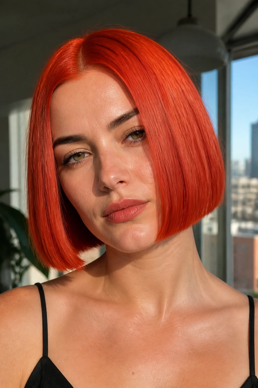 Portrait of a woman with a blunt tomato red bob in bright daylight