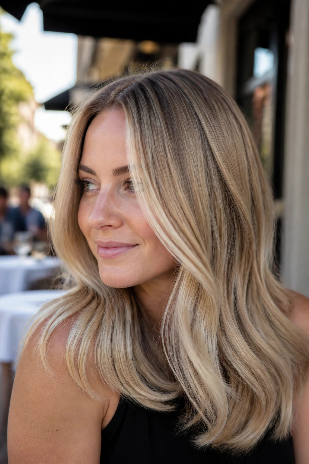 Close-up of a woman with tonal ombré blonde gradient in daylight