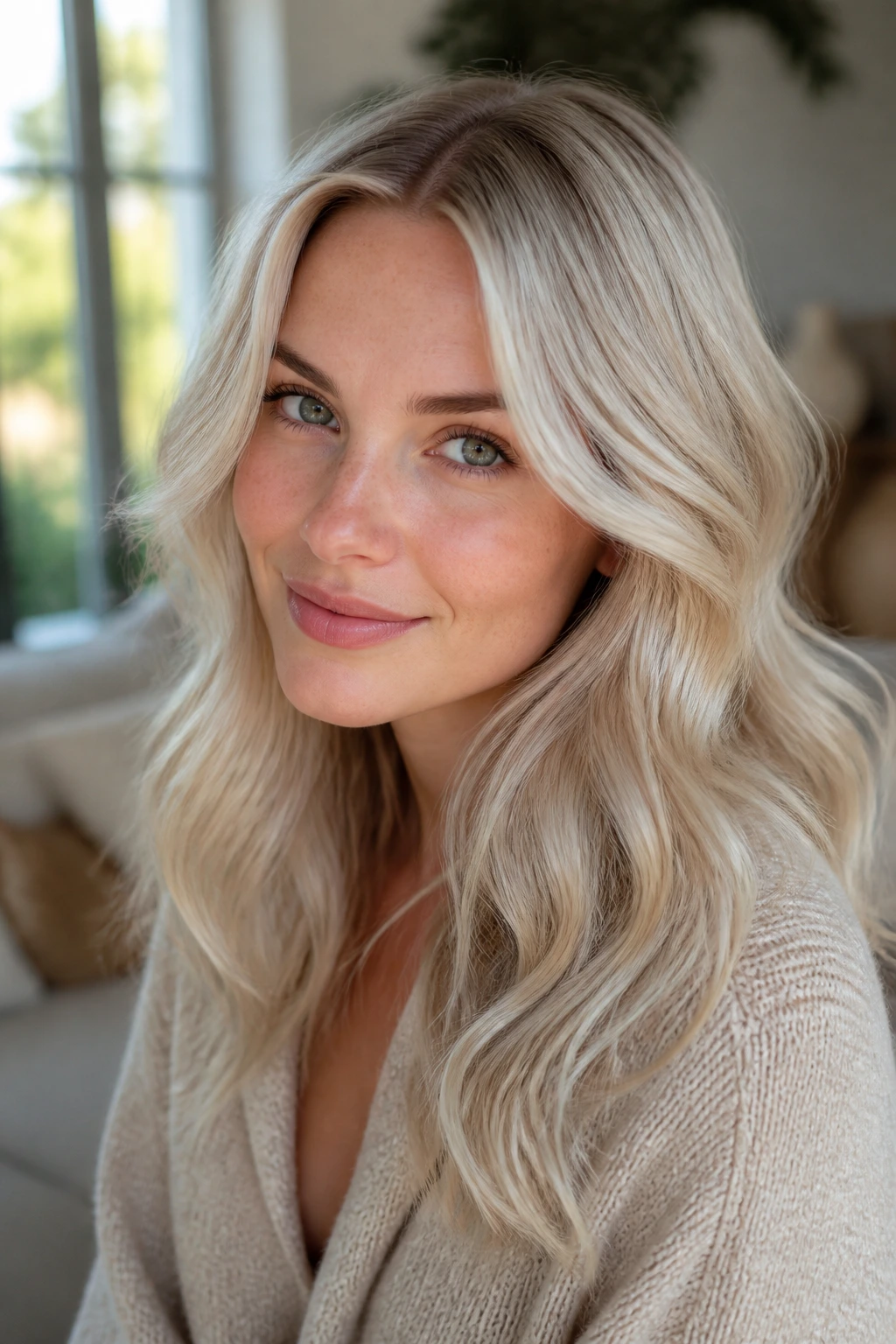 Close-up of a real woman with toned-down platinum hair and beige glaze.