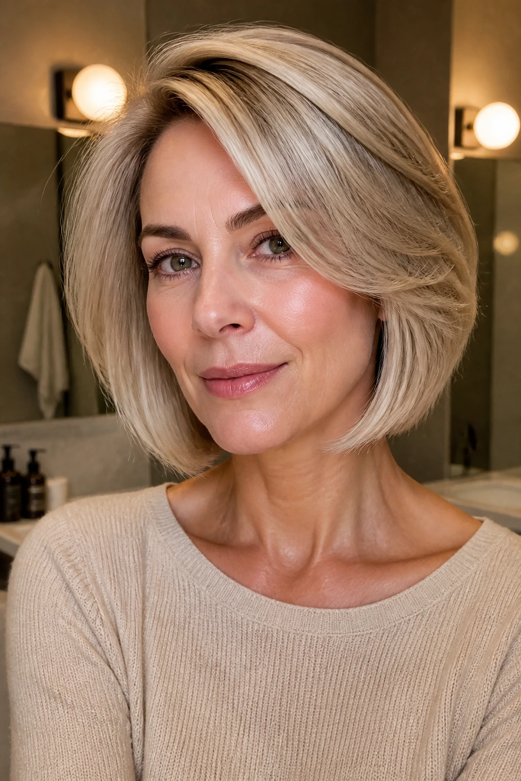 Real-person portrait with glossy blonde tone from toner and glaze