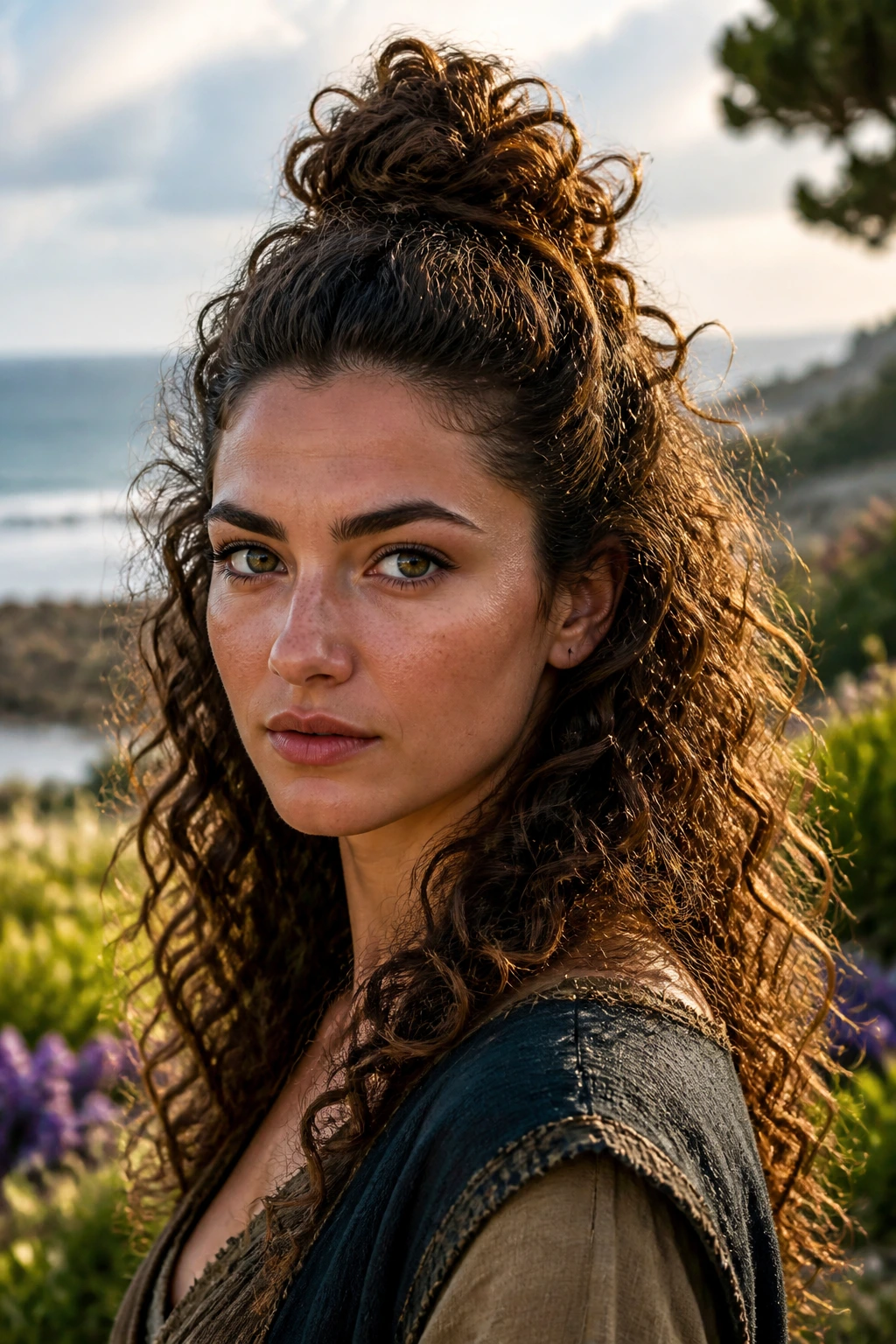 Close-up portrait of a real woman with Top Knot With Curly Length Left Out showing knot at crown and loose curls.