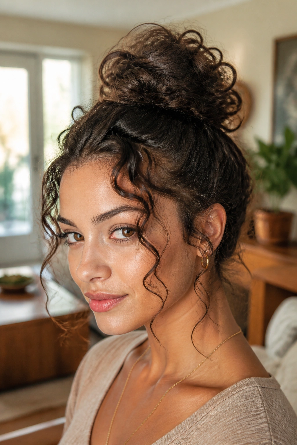 Close-up of a real woman with a soft curly top knot and loose face pieces in a sunlit living room