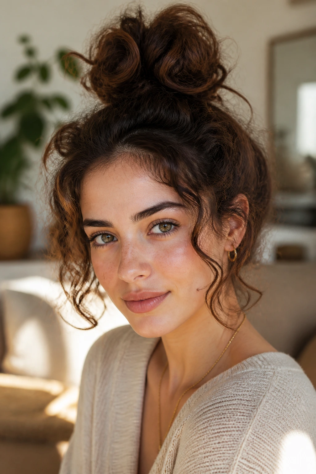 Close-up of a real woman with a messy curly top knot and face-framing curls