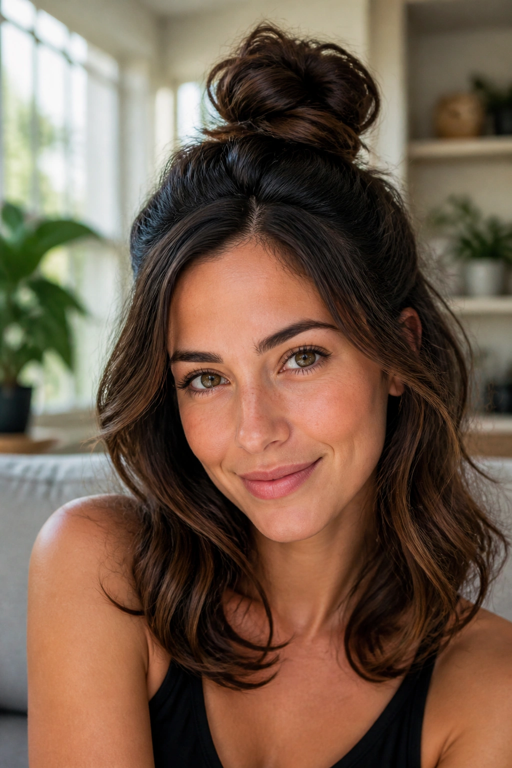 Woman wearing a top knot with curved ends