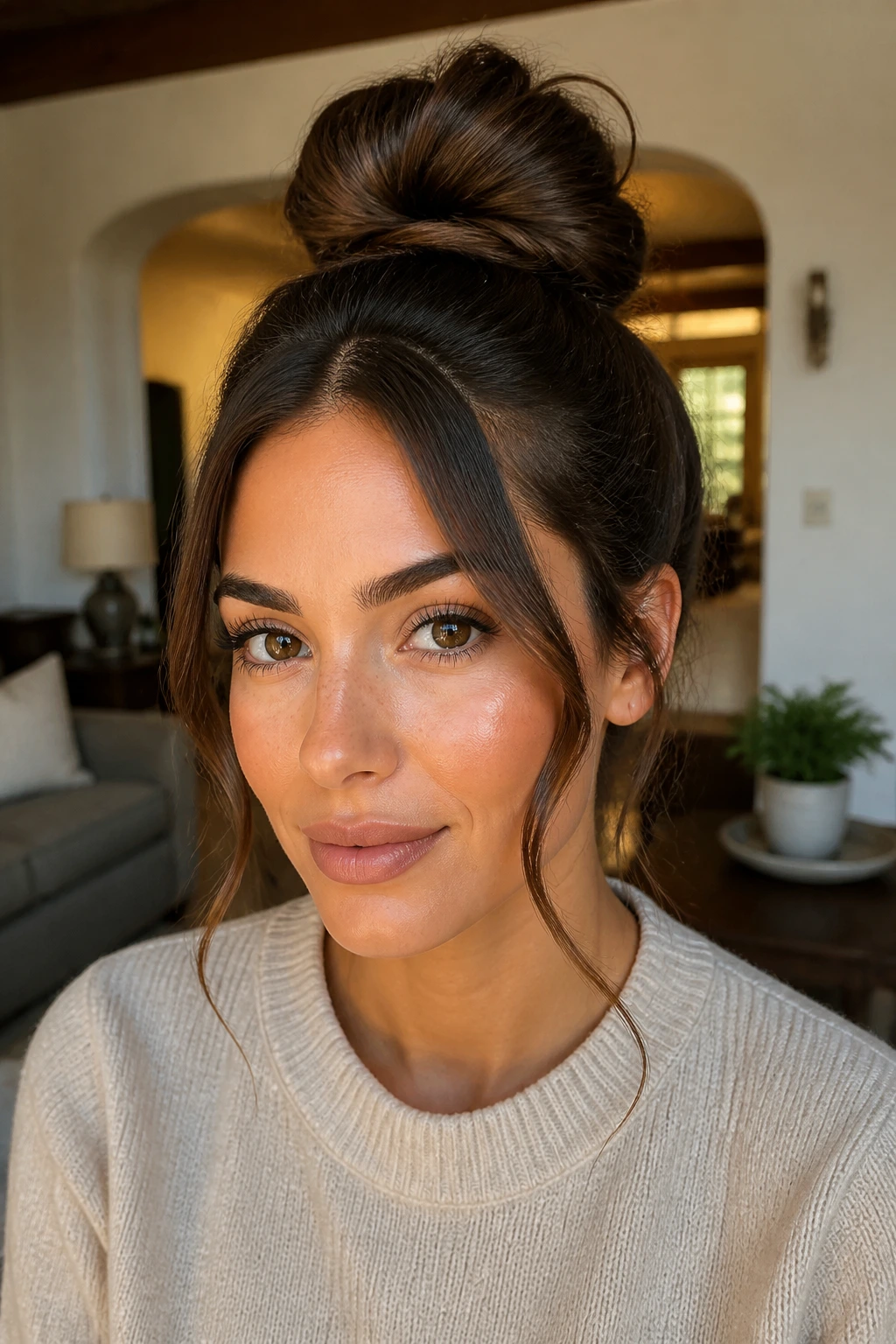 Close-up of a real person with a top knot and face-framing pieces