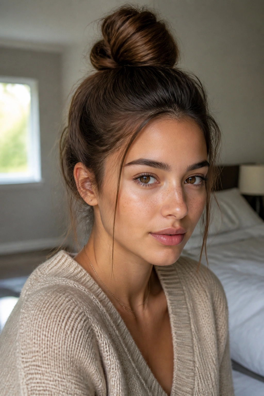Close-up portrait of a real woman with a top knot, soft temple strands.
