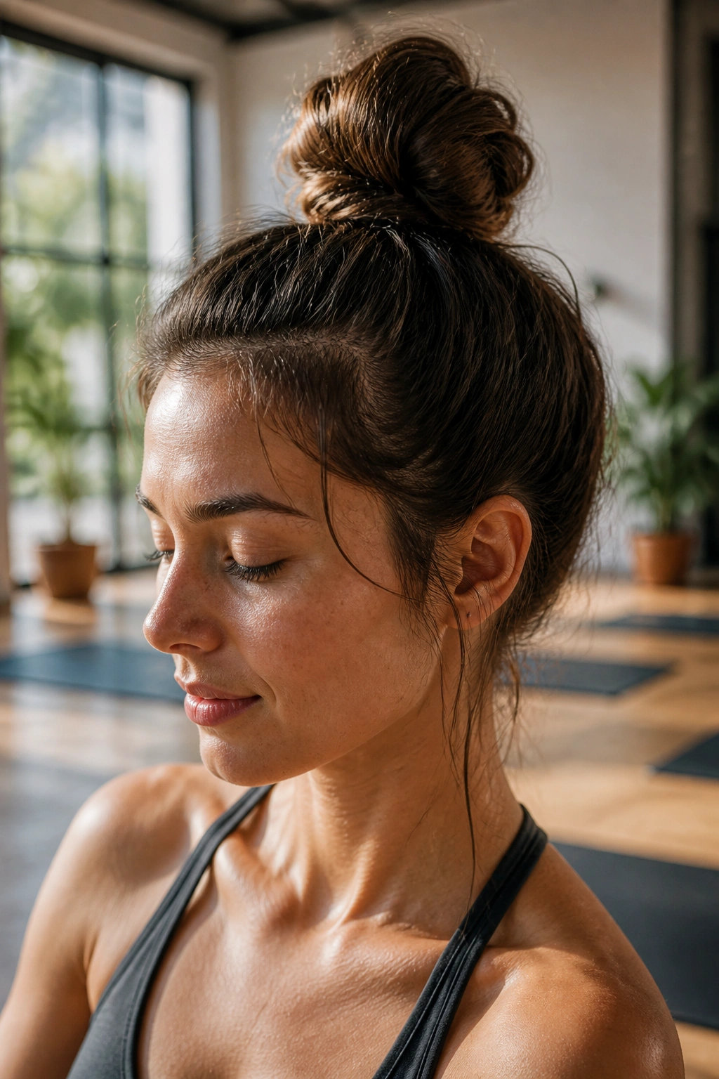 Close-up of a real woman with a top knot