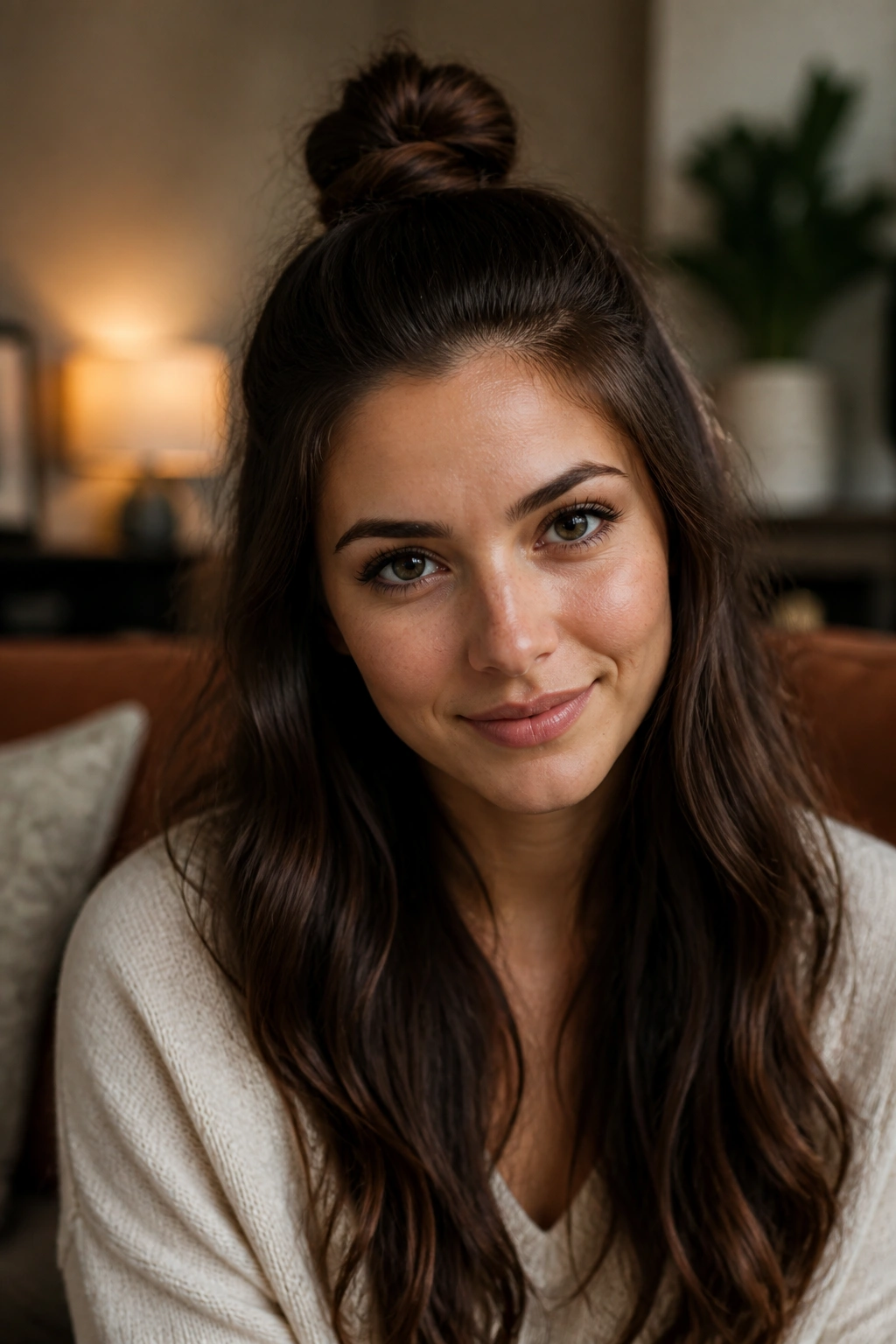 Close-up of a real woman with a small top knot hairstyle