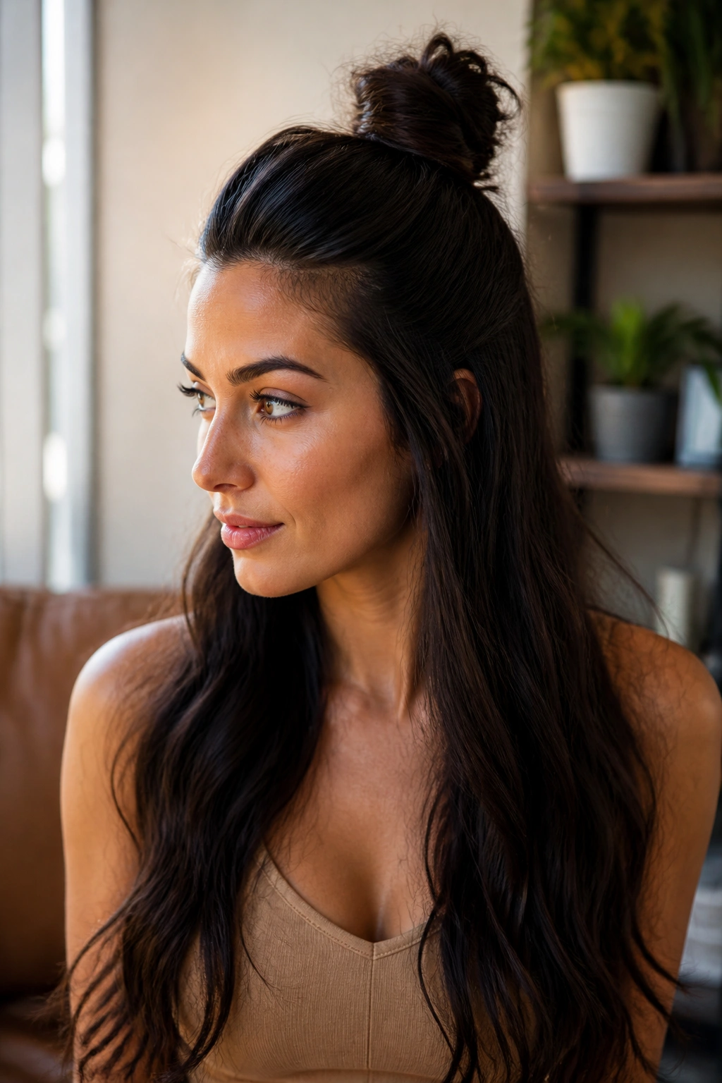 Portrait of a real person with a half-up top knot