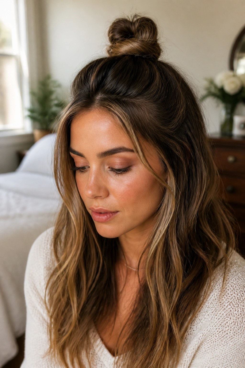 Close-up portrait of a real woman with a mini top knot half updo and loose hair.
