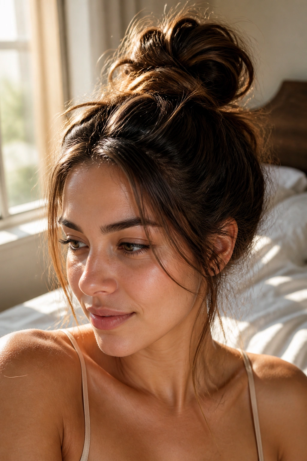 Close-up portrait of a person with a soft messy high top knot and loose strands