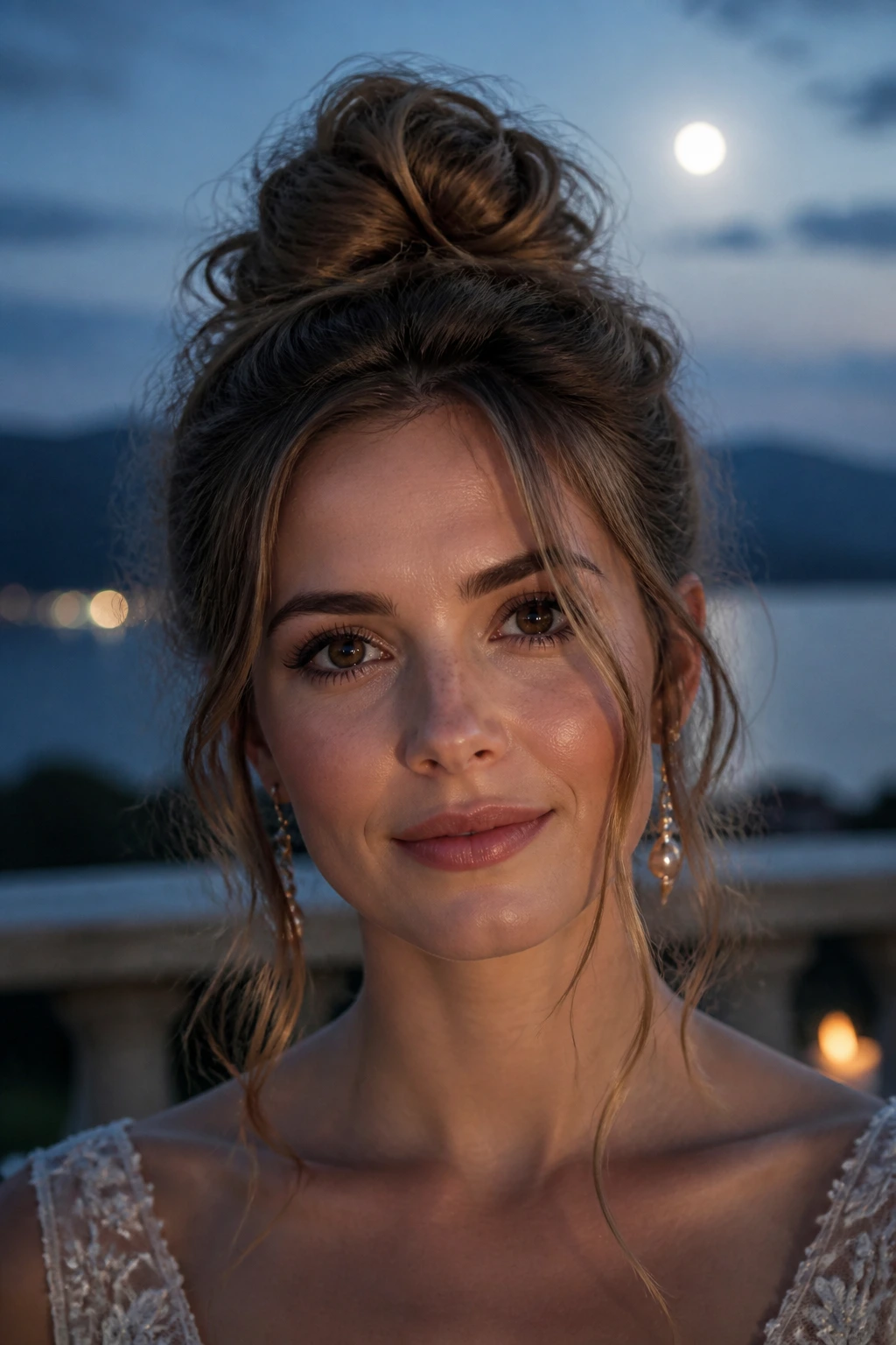 Close-up of a bride with Messy Top Knot and Moonlit Tendrils in an outdoor dusk setting