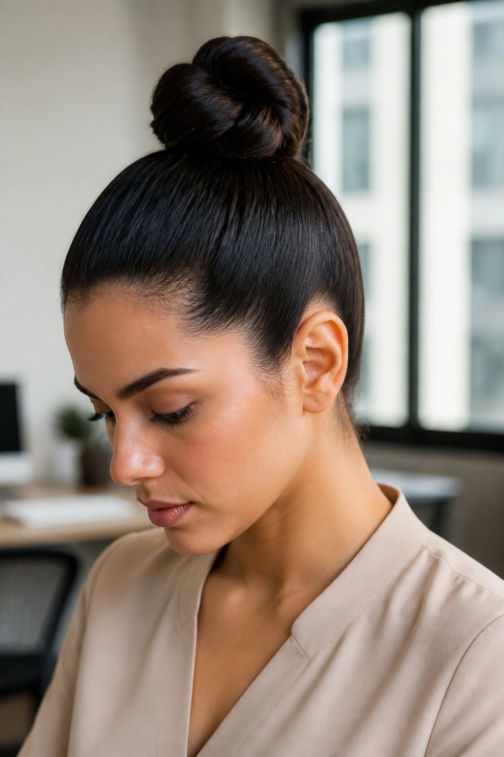 Close-up portrait of a real woman with a sleek top knot in an office setting