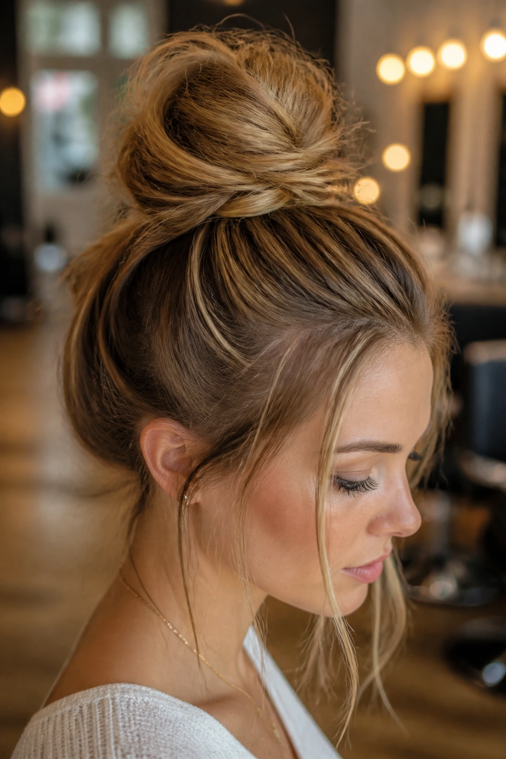 Close-up of a real person with a high textured top knot and hidden padding.
