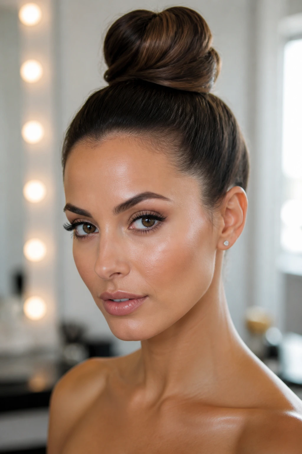 Close-up of a real woman's head with a high, clean modern top knot