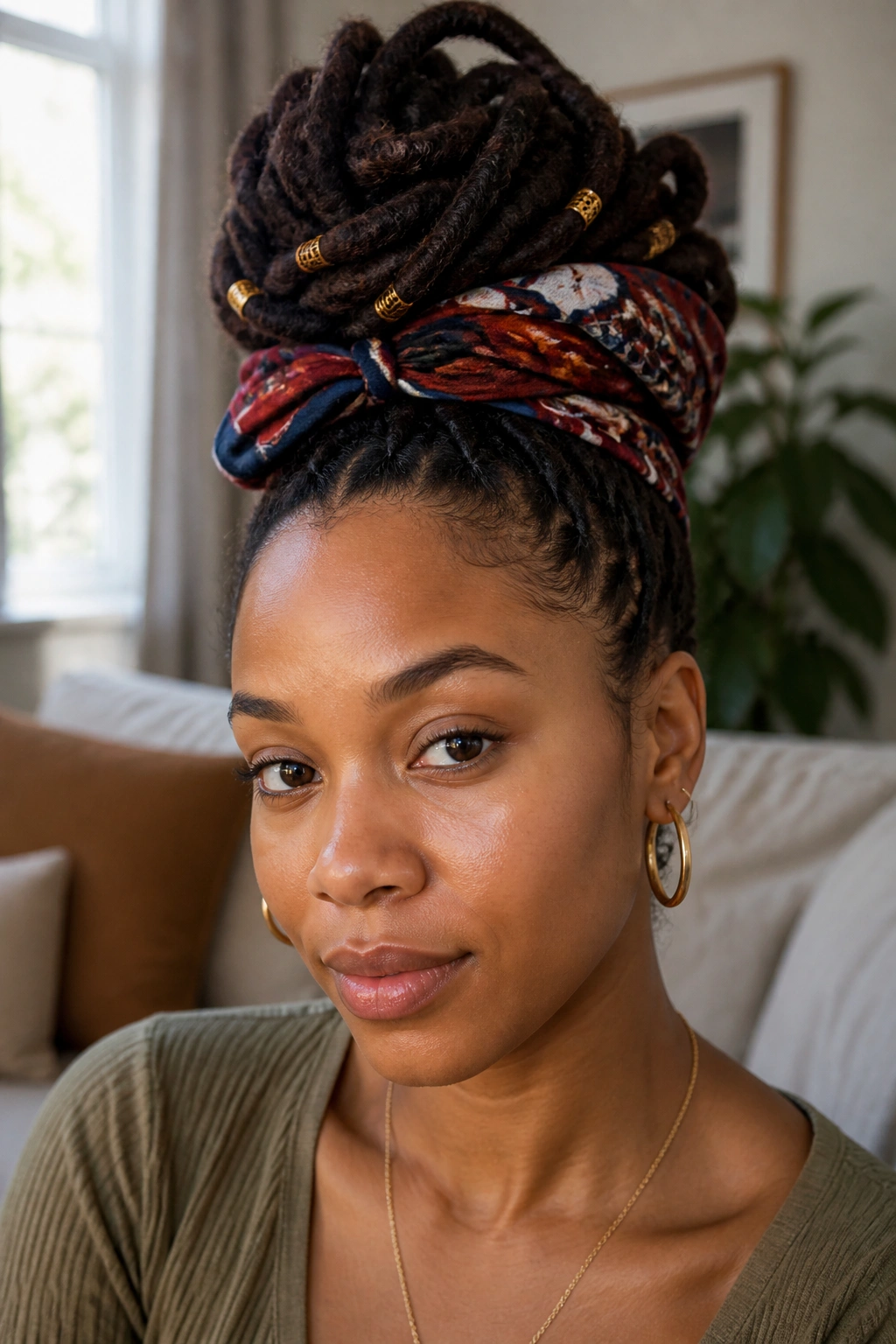 Portrait of a person wearing a top knot with scarf accessory in a cozy room.
