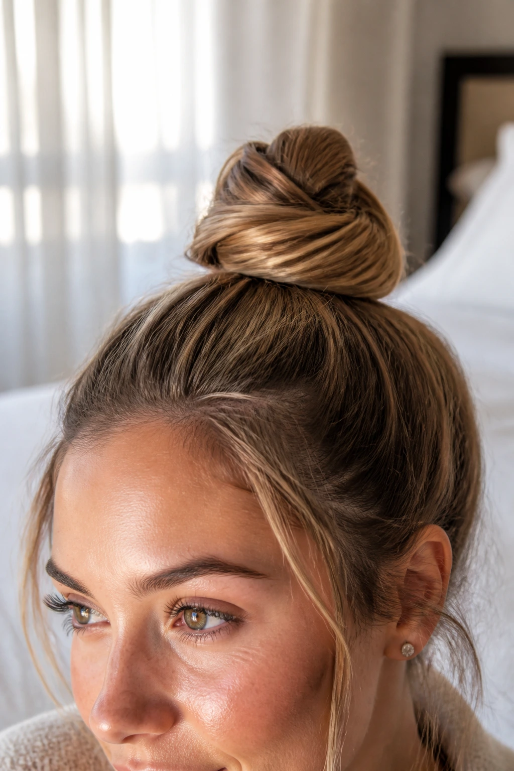 Close-up of a real woman with a secure top knot hairstyle