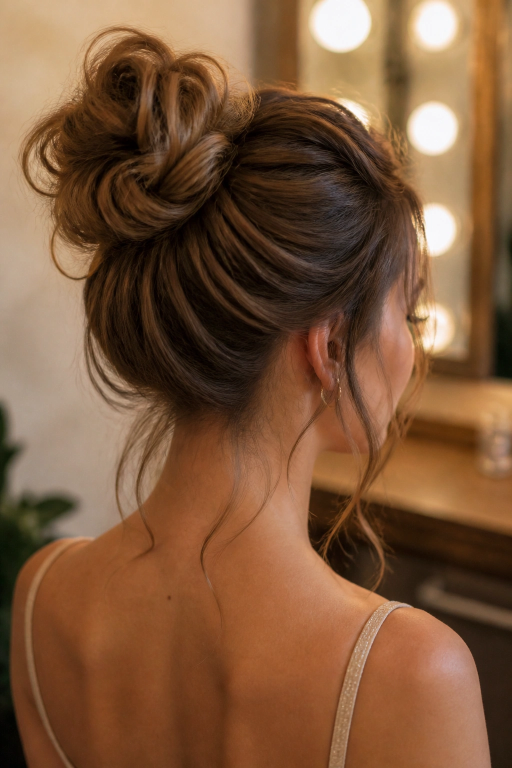 Back/3/4 view of a real woman with a textured top knot and tendrils