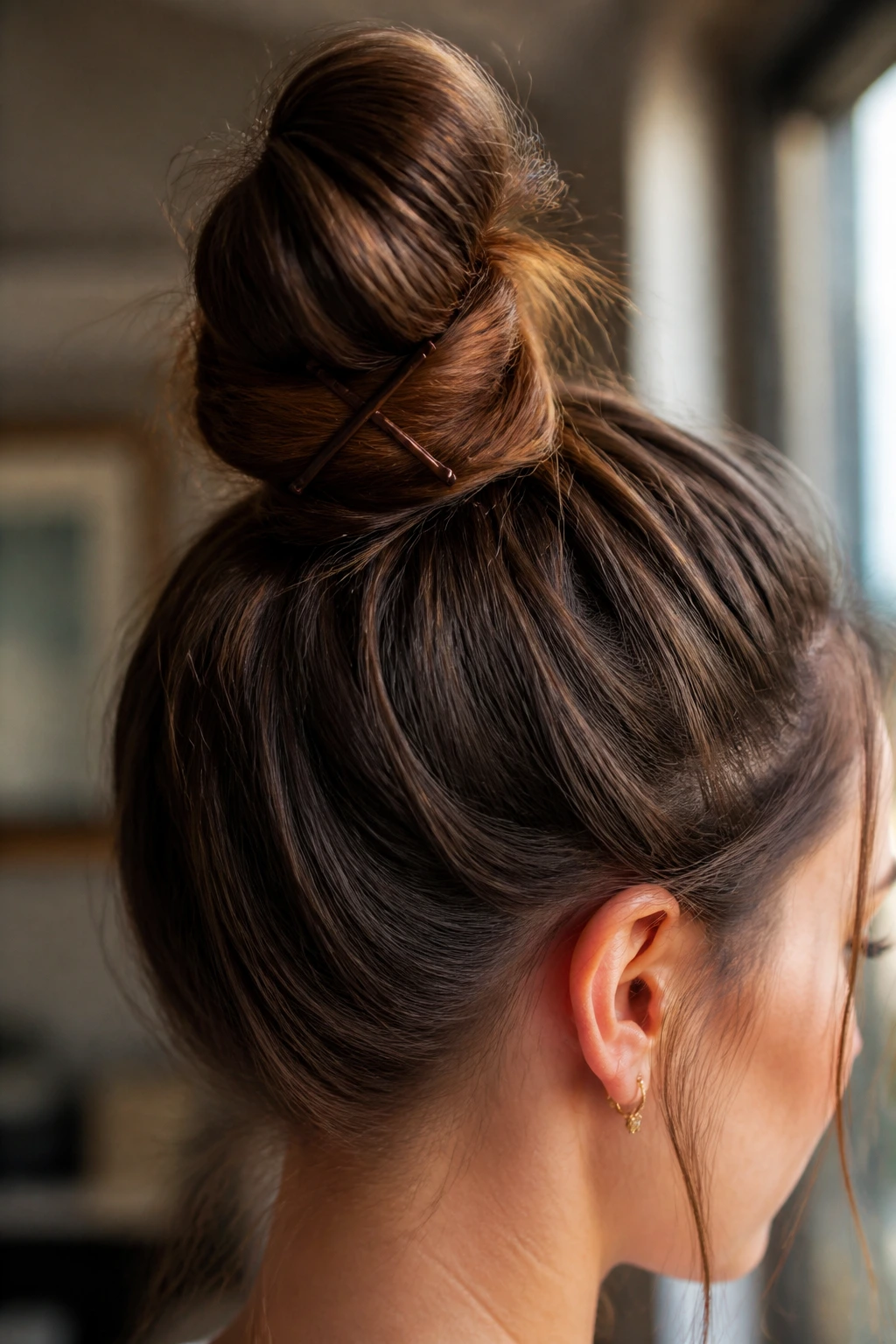 Back/side view of a topknot with crisscross pins forming an X