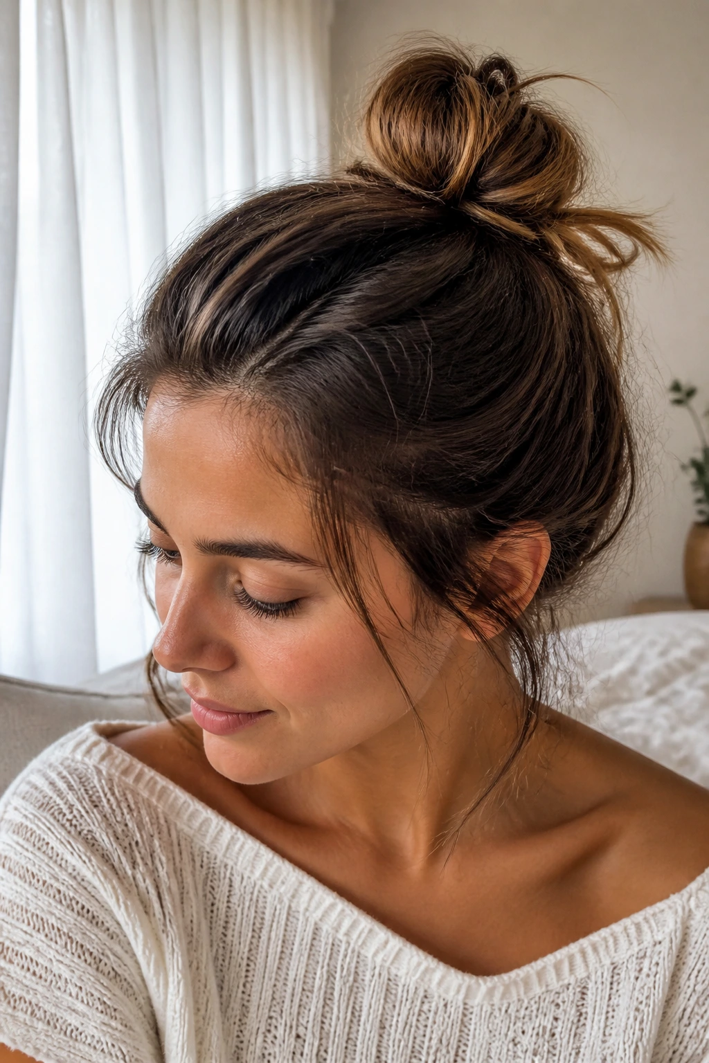 Close-up of a real woman with a loose top knot and ends peeking out in daylight.
